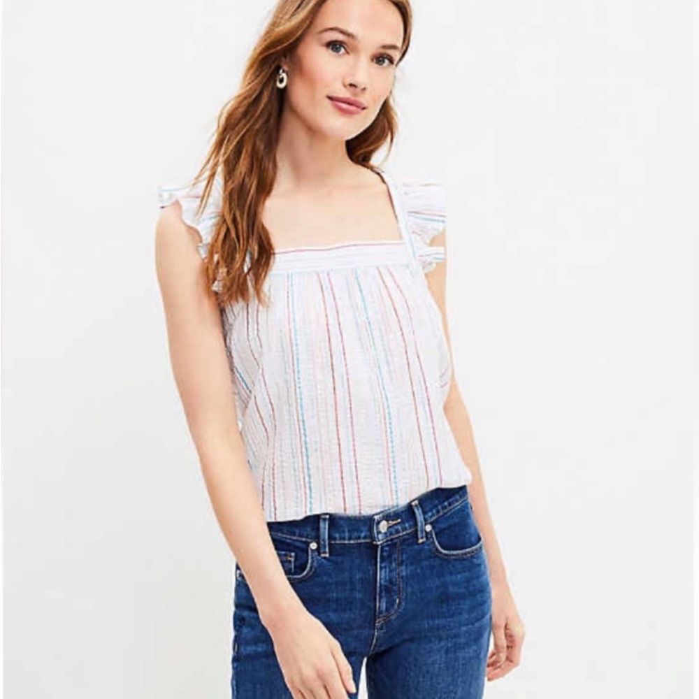 LOFT Shimmer Striped Ruffle Square Neck
Tank Metallic Red White Blue Size M NWT